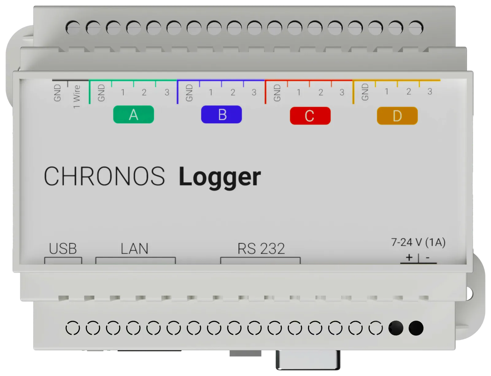The Chronos data logger from the front: a grey DIN-rail housing with four colour-coded input groups, A to D, and USB, LAN, RS 232 and a 7–24 V supply.